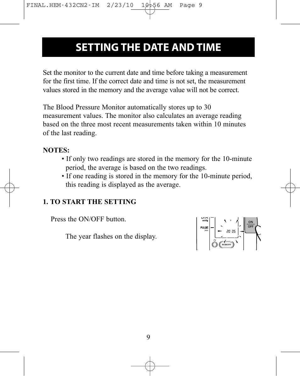 Setting the date and time | Omron Healthcare HEM-432C User Manual | Page 9 / 24