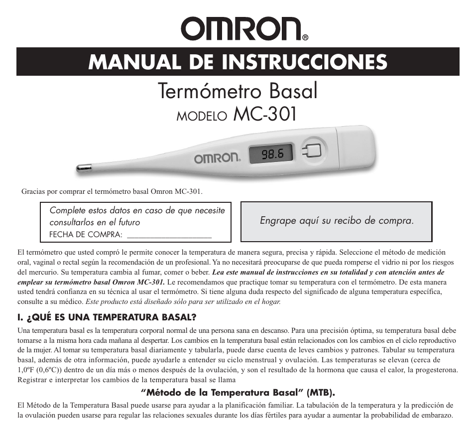 Termómetro basal, Manual de instrucciones, Mc-301 | Omron Healthcare MC-301 User Manual | Page 9 / 16