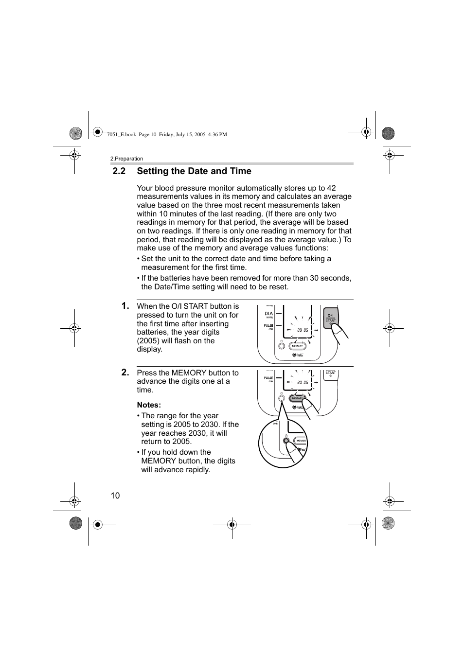 2 setting the date and time | Omron Healthcare M3 User Manual | Page 10 / 38