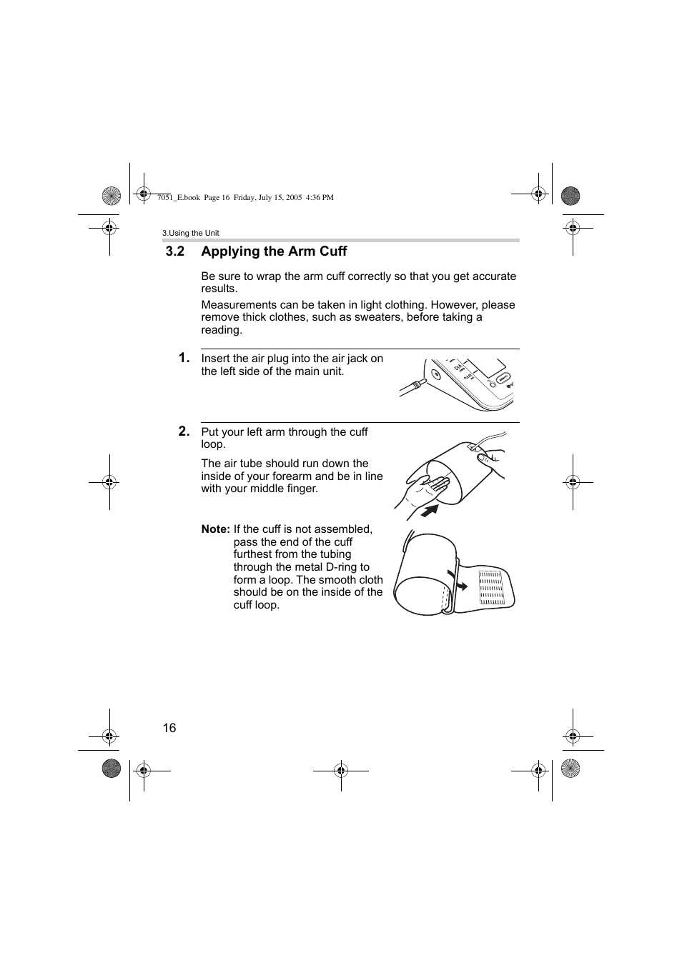 2 applying the arm cuff | Omron Healthcare M3 User Manual | Page 16 / 38