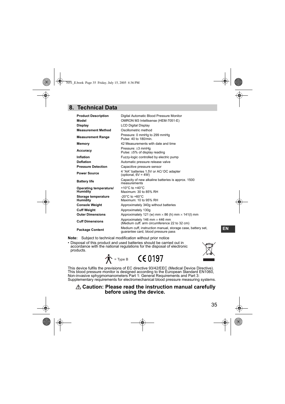 Technical data | Omron Healthcare M3 User Manual | Page 35 / 38