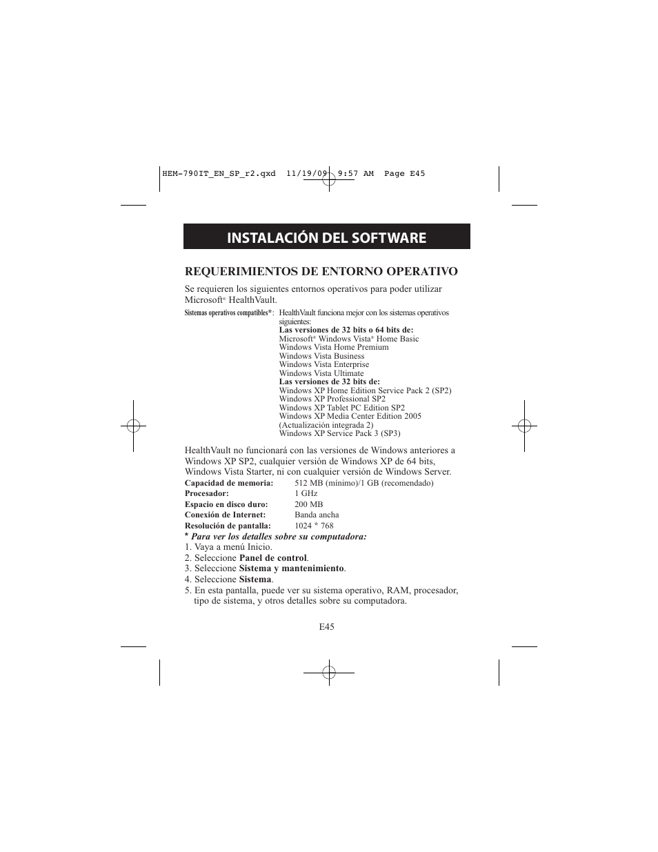 Instalación del software, Requerimientos de entorno operativo | Omron Healthcare OMRON HEM-790IT User Manual | Page 105 / 120