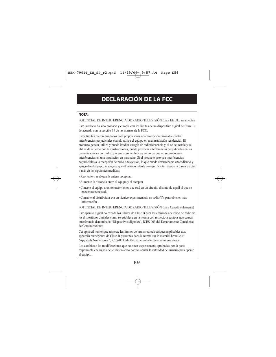 Declaración de la fcc | Omron Healthcare OMRON HEM-790IT User Manual | Page 116 / 120
