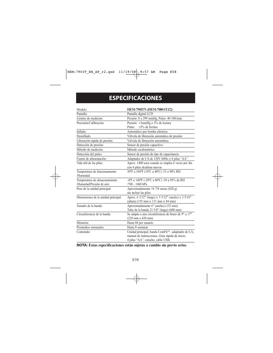 Especificaciones | Omron Healthcare OMRON HEM-790IT User Manual | Page 118 / 120