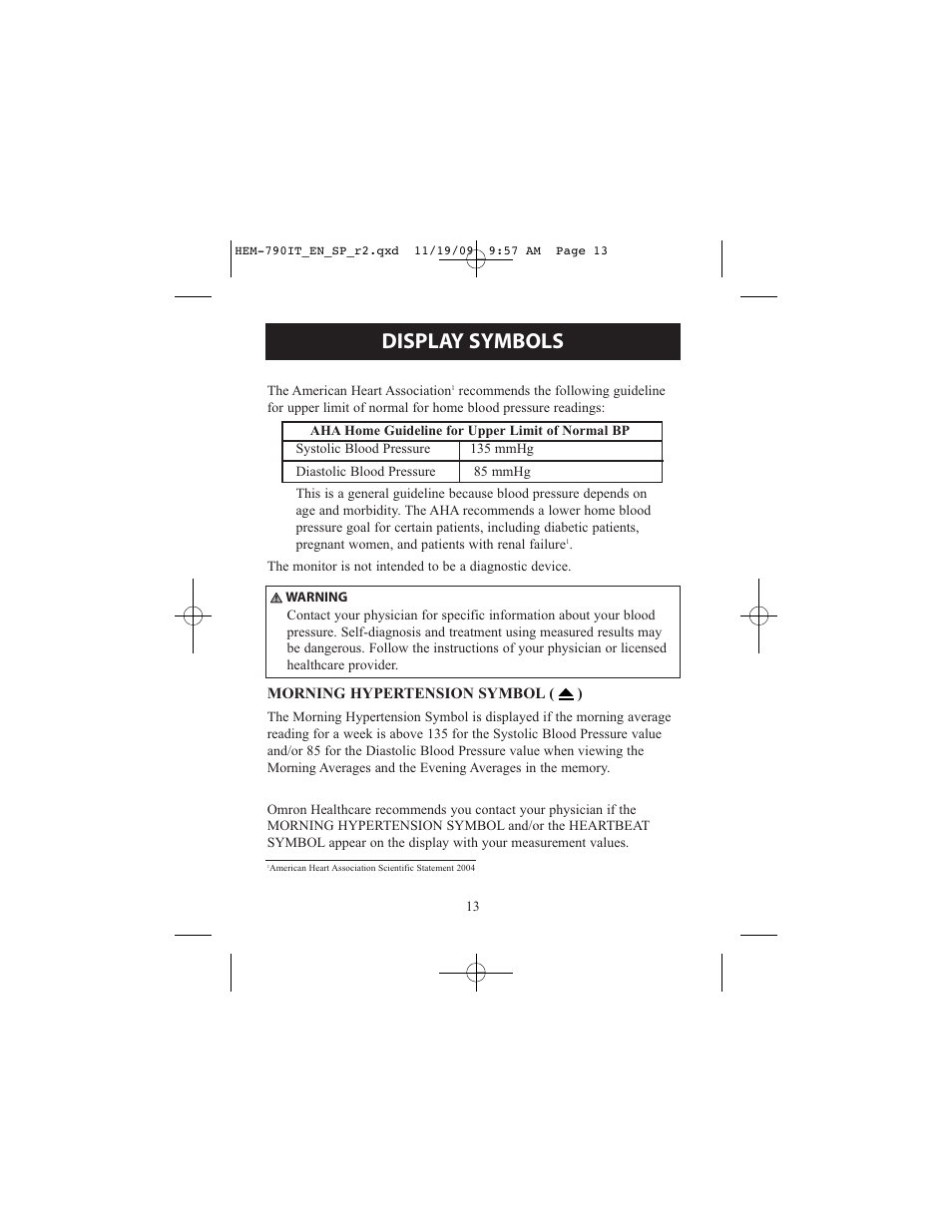 Display symbols | Omron Healthcare OMRON HEM-790IT User Manual | Page 13 / 120