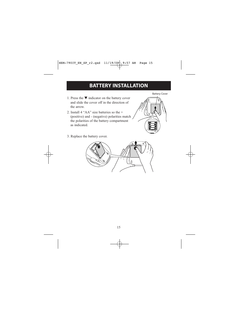 Battery installation | Omron Healthcare OMRON HEM-790IT User Manual | Page 15 / 120
