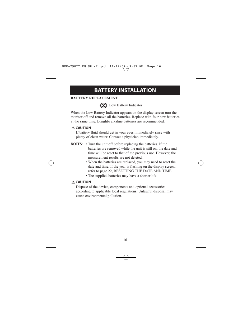 Battery installation | Omron Healthcare OMRON HEM-790IT User Manual | Page 16 / 120
