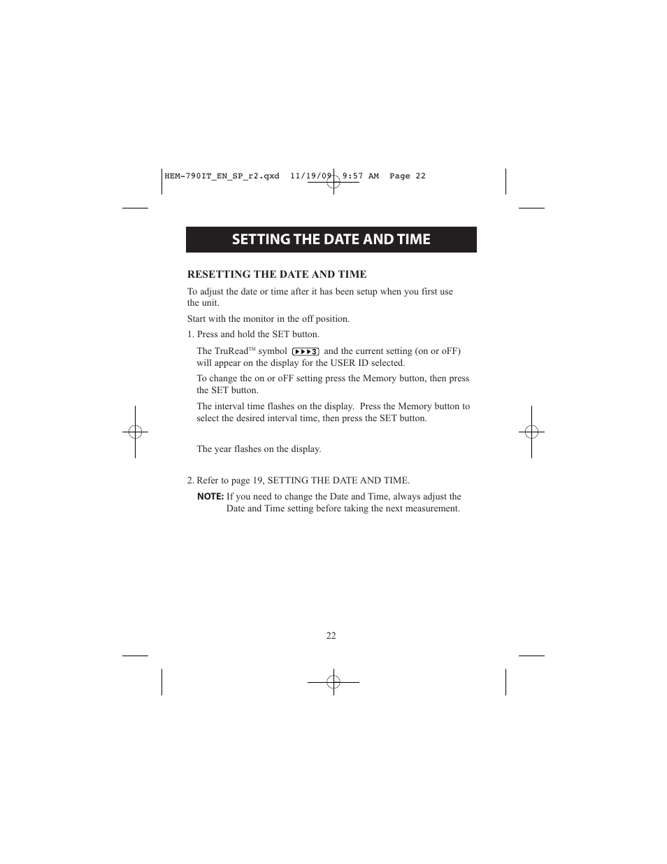 Setting the date and time | Omron Healthcare OMRON HEM-790IT User Manual | Page 22 / 120