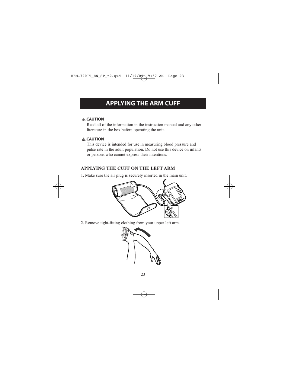 Applying the arm cuff | Omron Healthcare OMRON HEM-790IT User Manual | Page 23 / 120