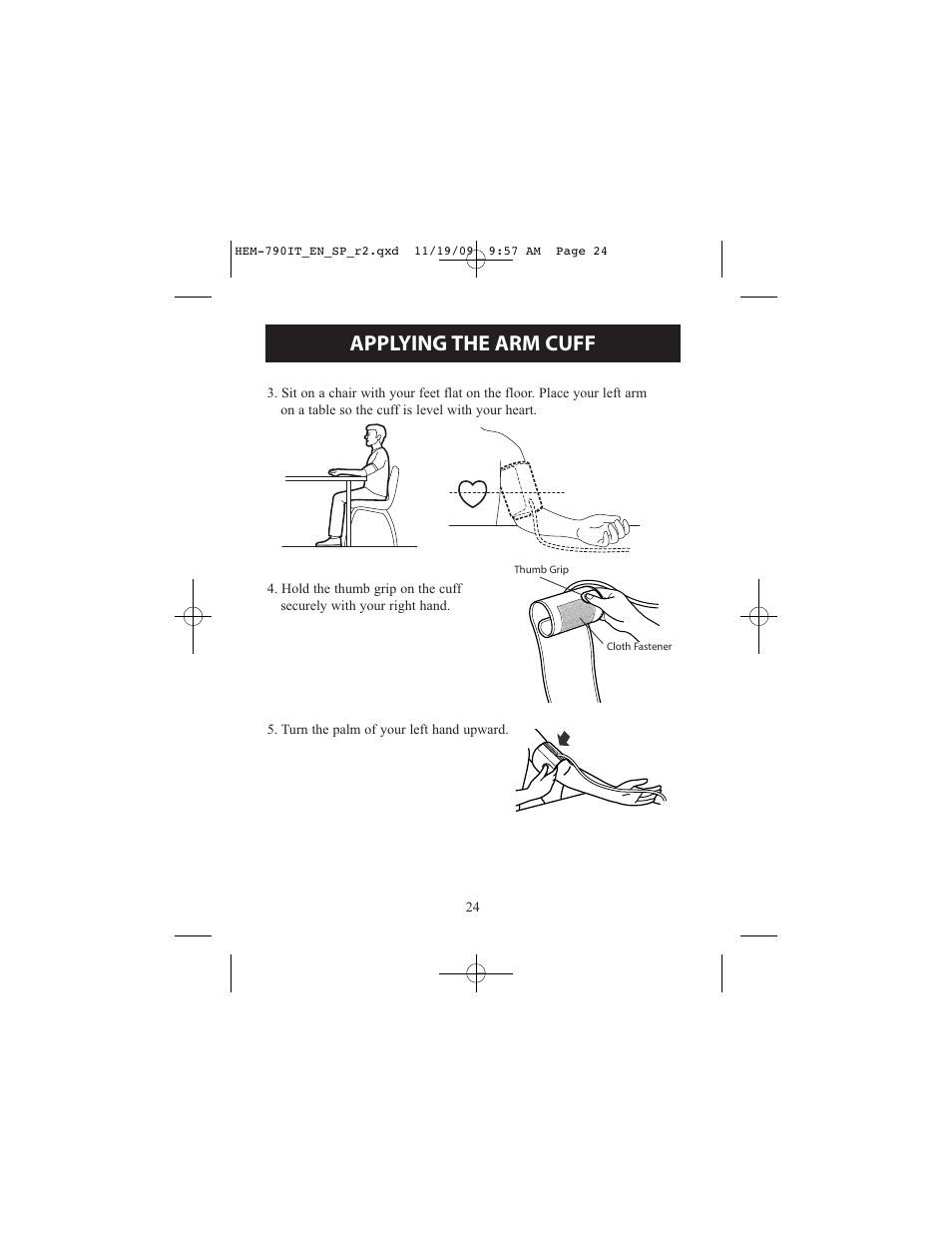 Applying the arm cuff | Omron Healthcare OMRON HEM-790IT User Manual | Page 24 / 120