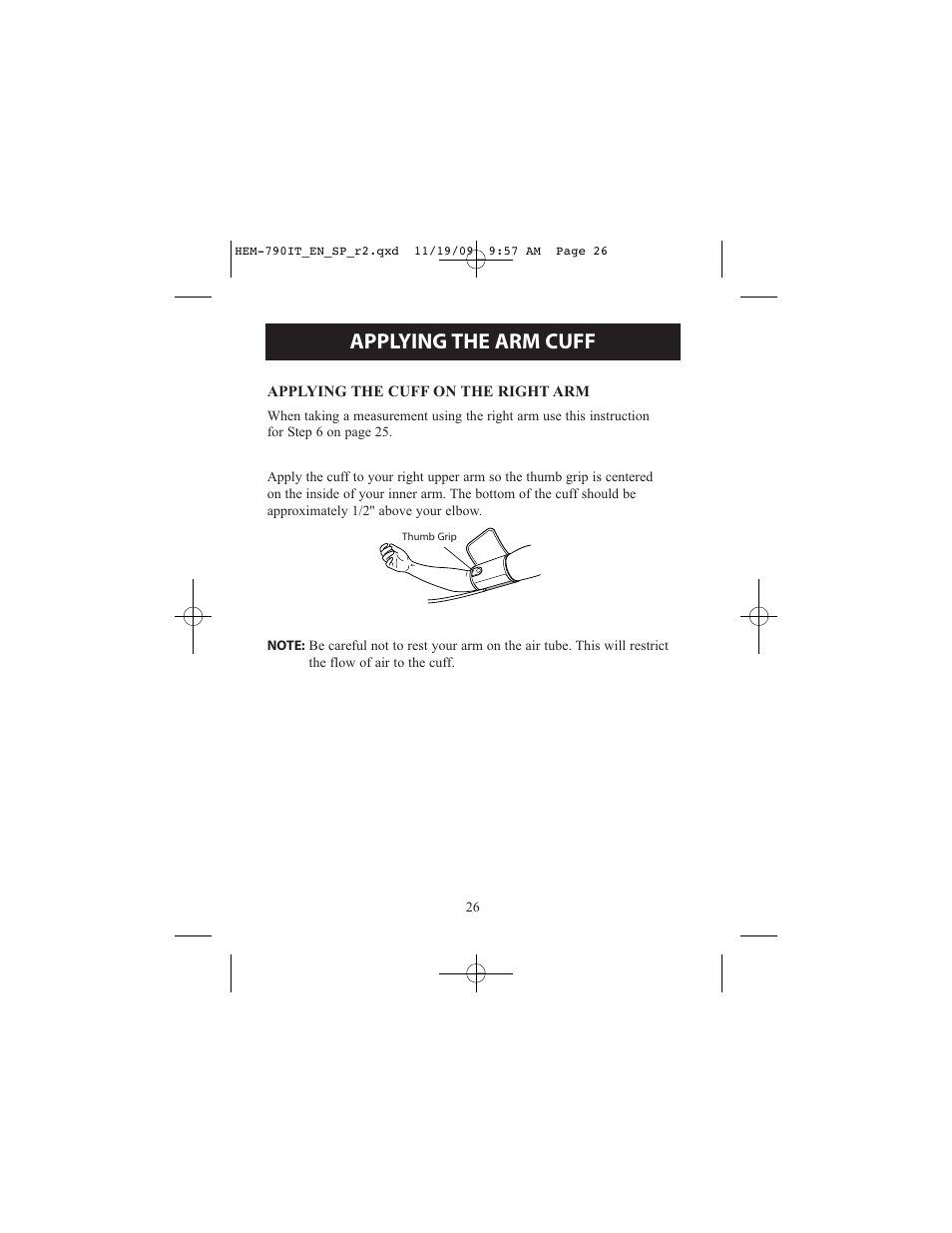 Applying the arm cuff | Omron Healthcare OMRON HEM-790IT User Manual | Page 26 / 120