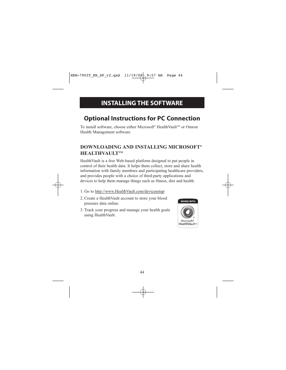 Optional instructions for pc connection, Installing the software | Omron Healthcare OMRON HEM-790IT User Manual | Page 44 / 120