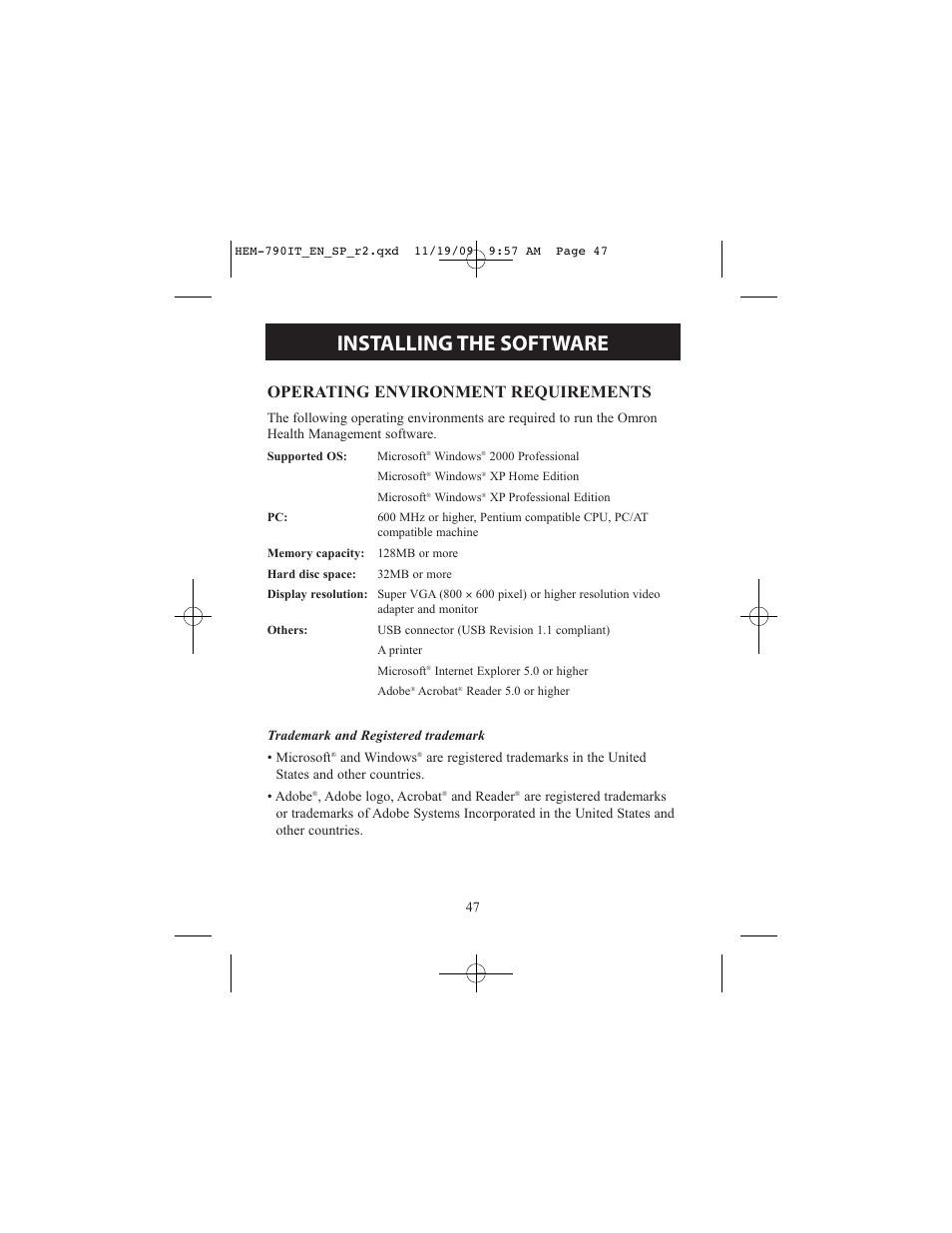 Installing the software, Operating environment requirements | Omron Healthcare OMRON HEM-790IT User Manual | Page 47 / 120
