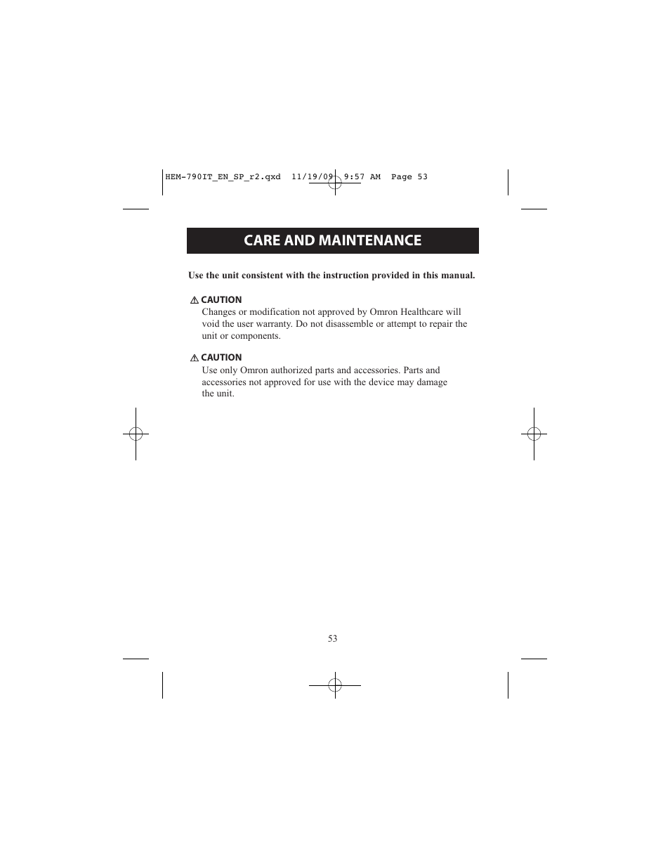 Care and maintenance | Omron Healthcare OMRON HEM-790IT User Manual | Page 53 / 120