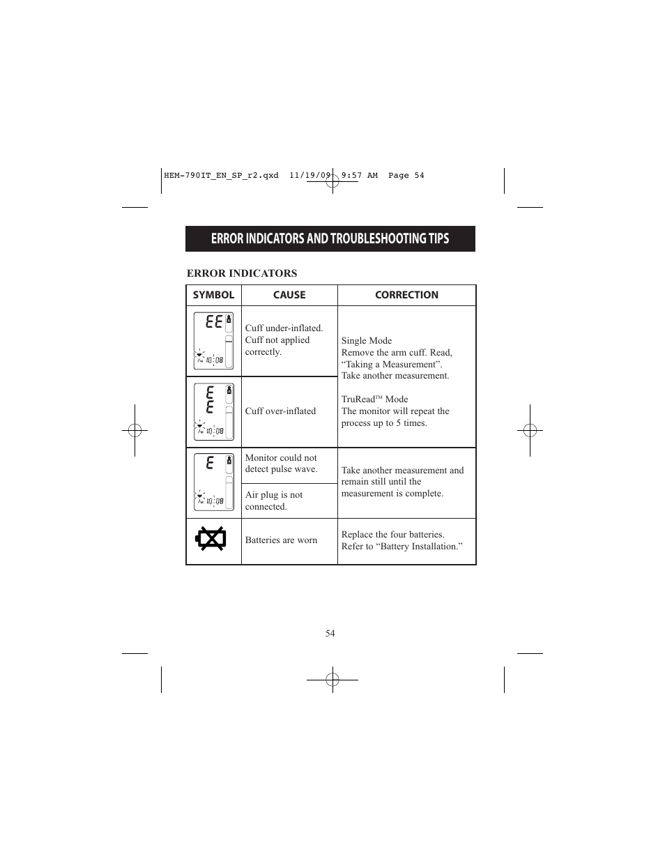 Error indicators and troubleshooting tips | Omron Healthcare OMRON HEM-790IT User Manual | Page 54 / 120