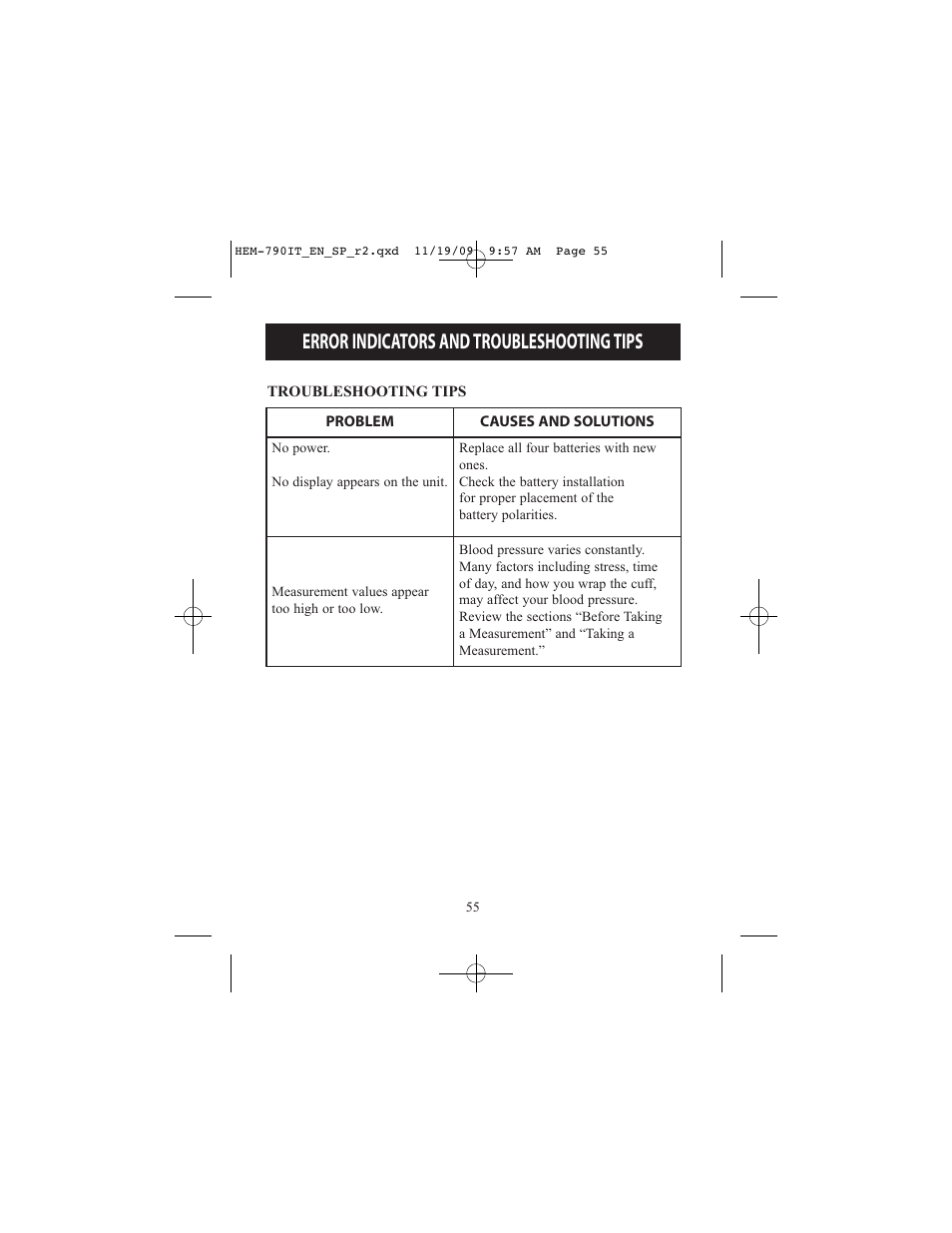 Error indicators and troubleshooting tips | Omron Healthcare OMRON HEM-790IT User Manual | Page 55 / 120