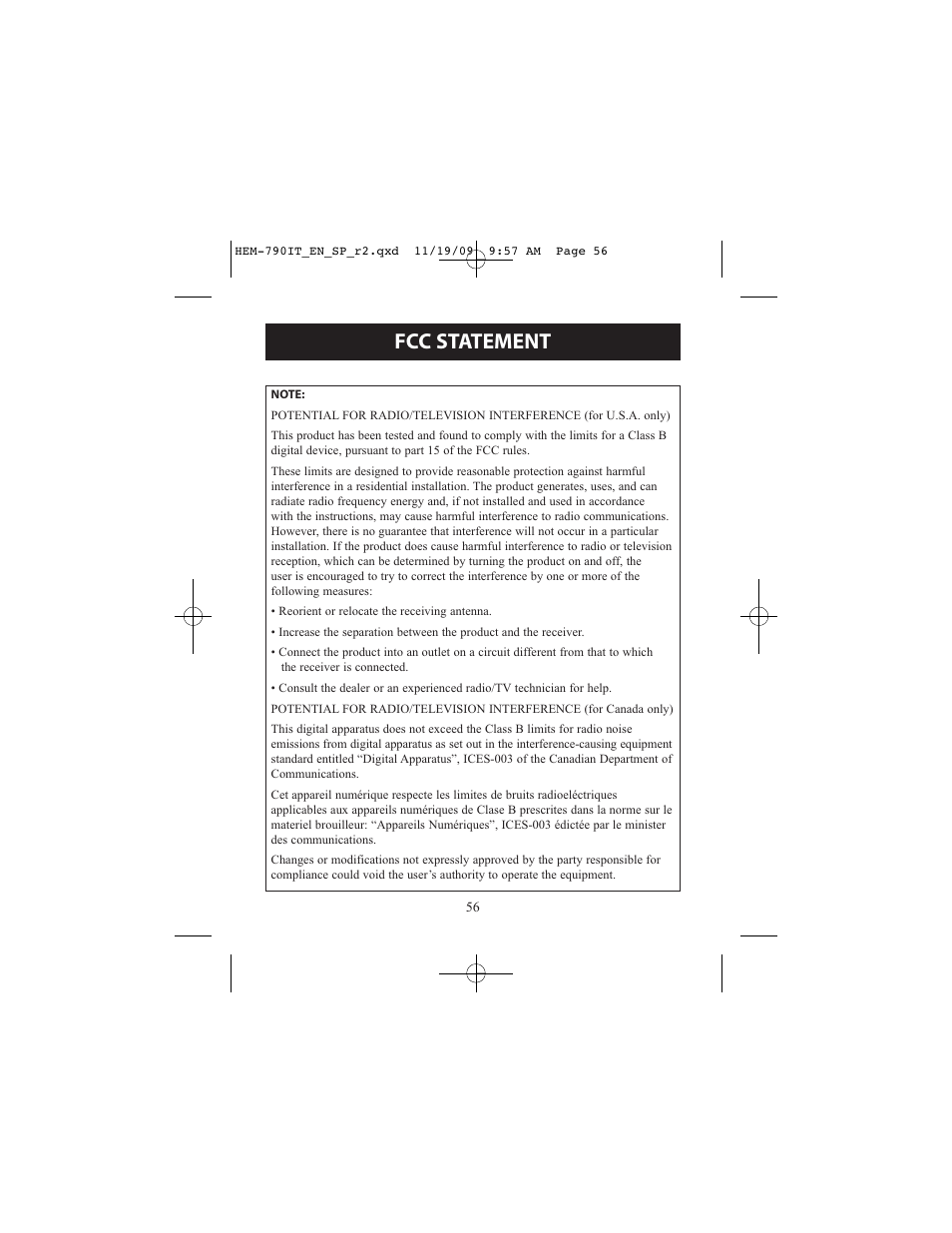 Fcc statement | Omron Healthcare OMRON HEM-790IT User Manual | Page 56 / 120