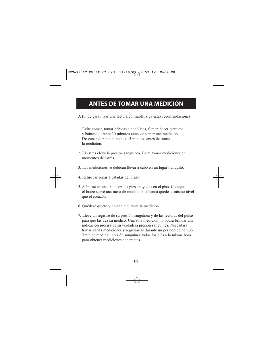 Antes de tomar una medición | Omron Healthcare OMRON HEM-790IT User Manual | Page 68 / 120