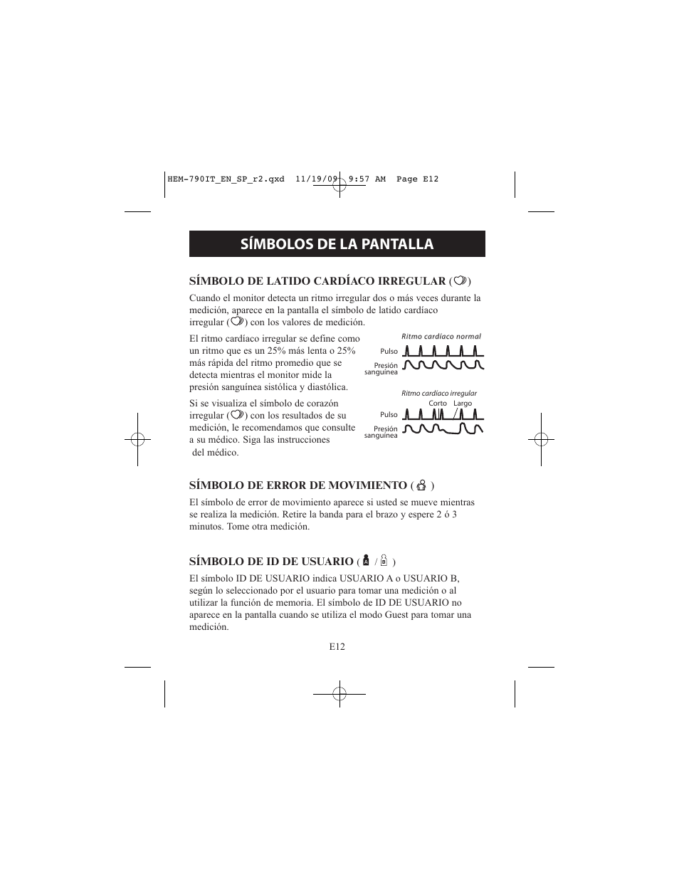Símbolos de la pantalla | Omron Healthcare OMRON HEM-790IT User Manual | Page 72 / 120
