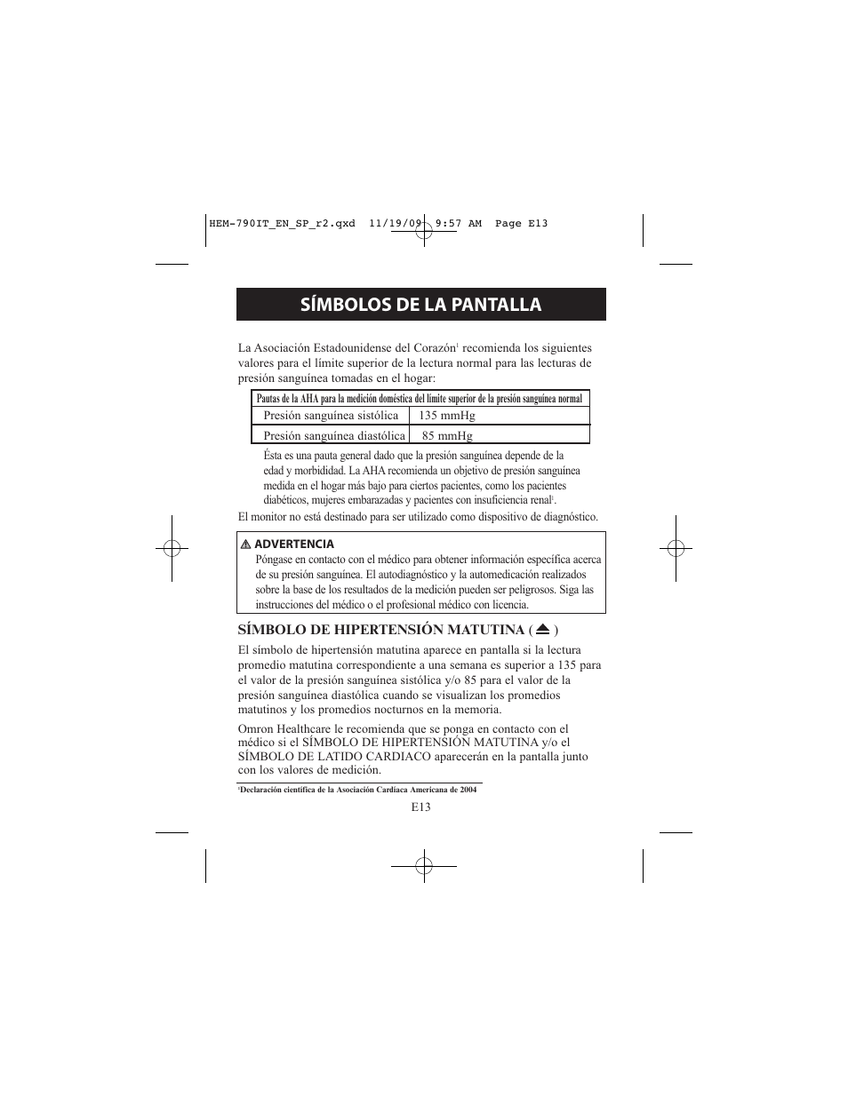 Símbolos de la pantalla | Omron Healthcare OMRON HEM-790IT User Manual | Page 73 / 120