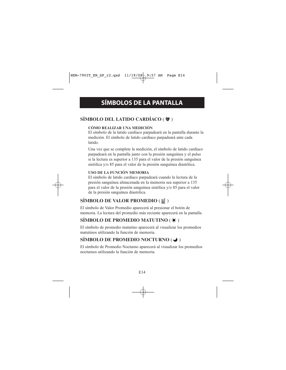 Símbolos de la pantalla | Omron Healthcare OMRON HEM-790IT User Manual | Page 74 / 120
