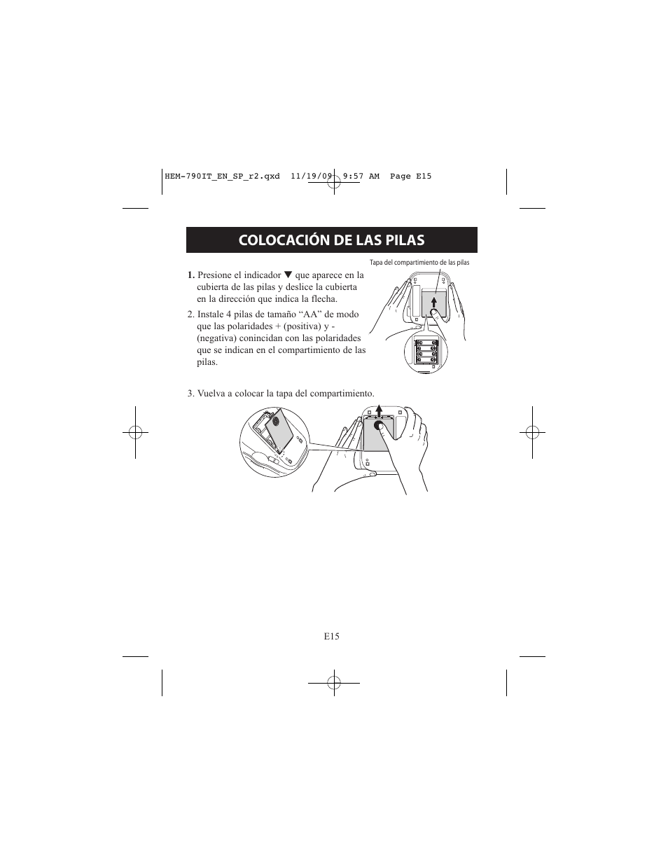 Colocación de las pilas | Omron Healthcare OMRON HEM-790IT User Manual | Page 75 / 120