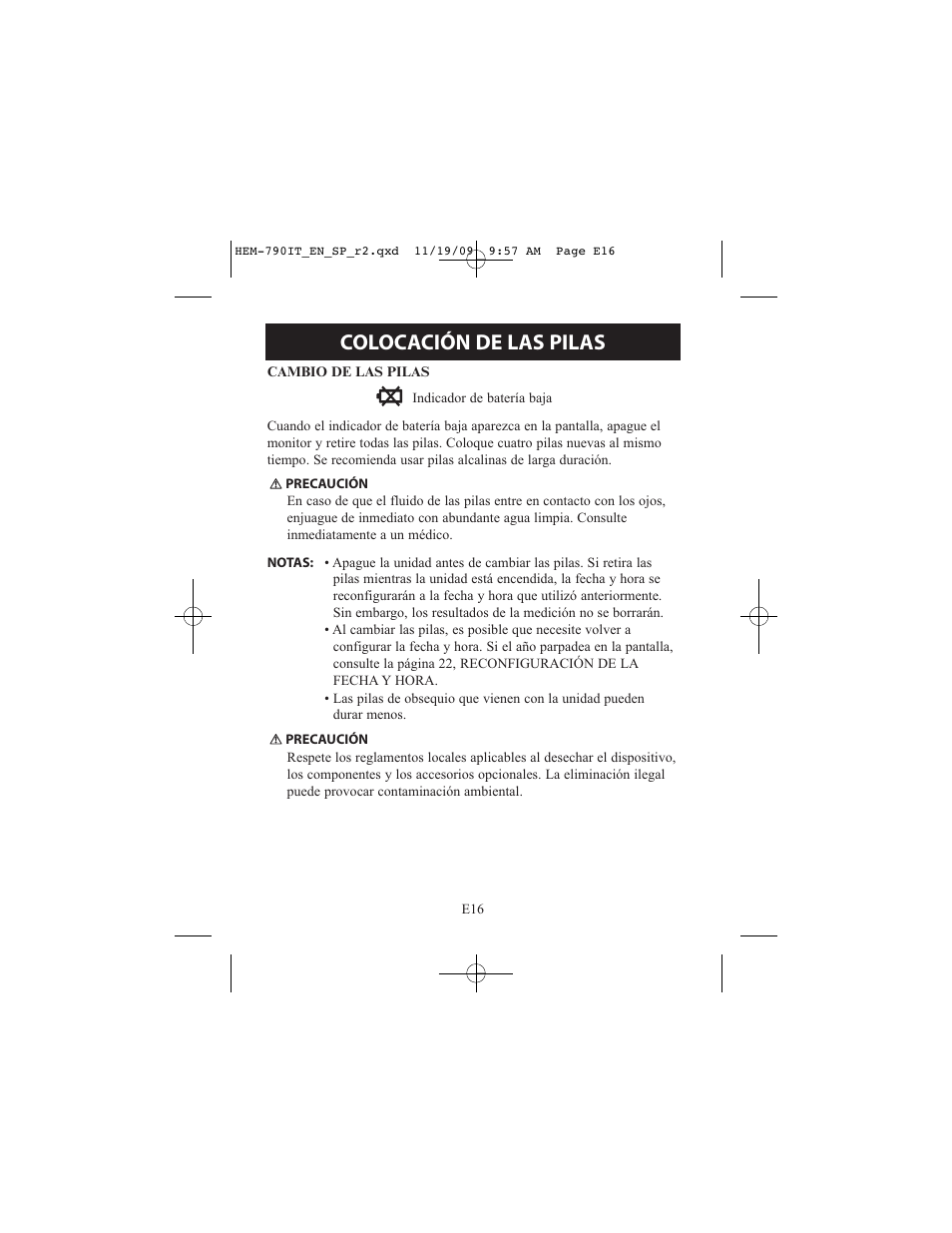 Colocación de las pilas | Omron Healthcare OMRON HEM-790IT User Manual | Page 76 / 120