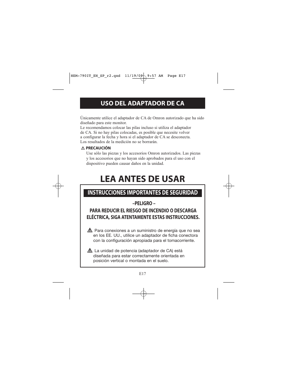 Lea antes de usar, Instrucciones importantes de seguridad, Uso del adaptador de ca | Omron Healthcare OMRON HEM-790IT User Manual | Page 77 / 120