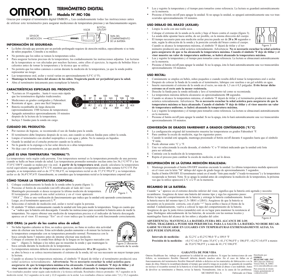 Termómetro digital | Omron Healthcare MC-106 User Manual | Page 2 / 2