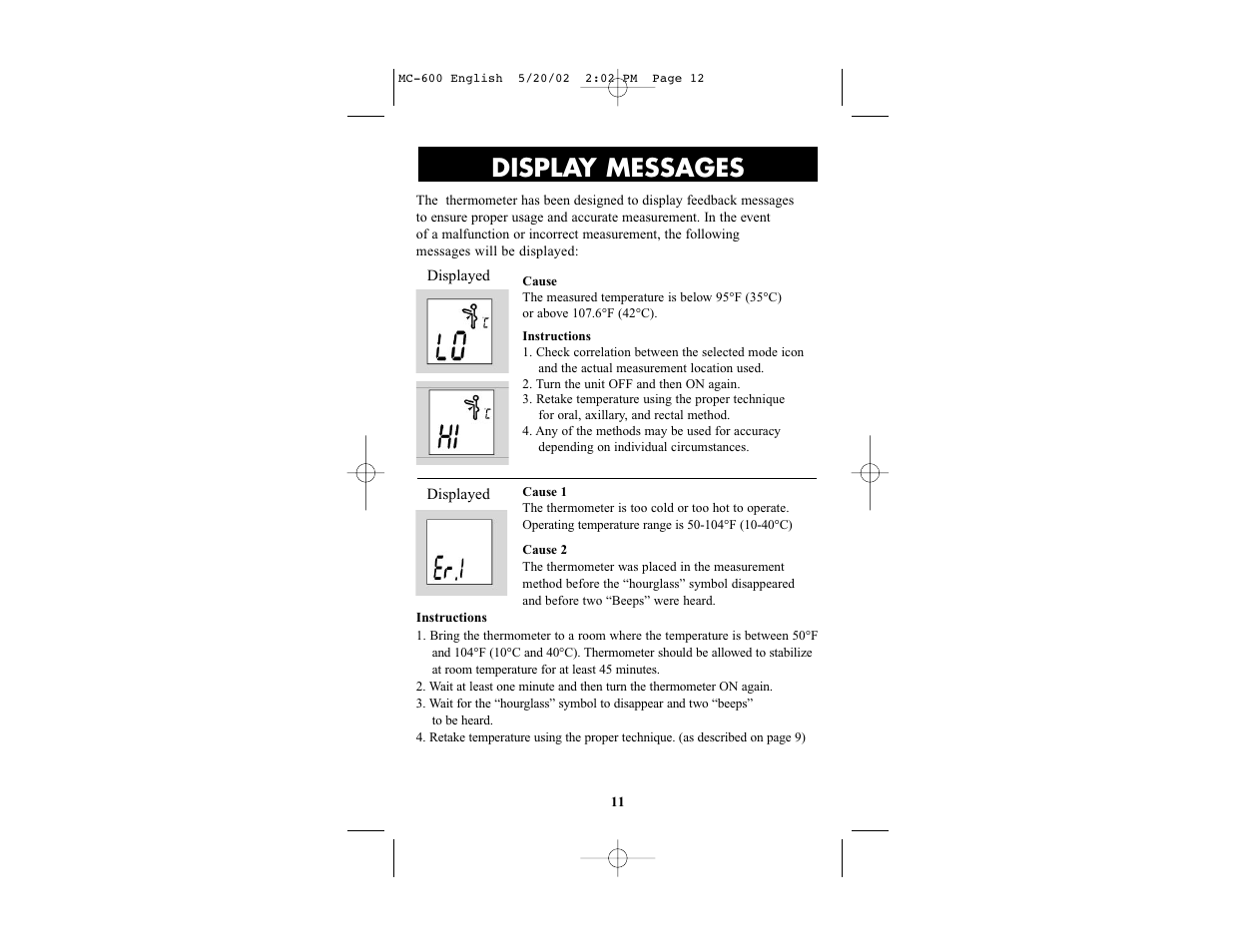 Display messages | Omron Healthcare MC-600 User Manual | Page 11 / 16