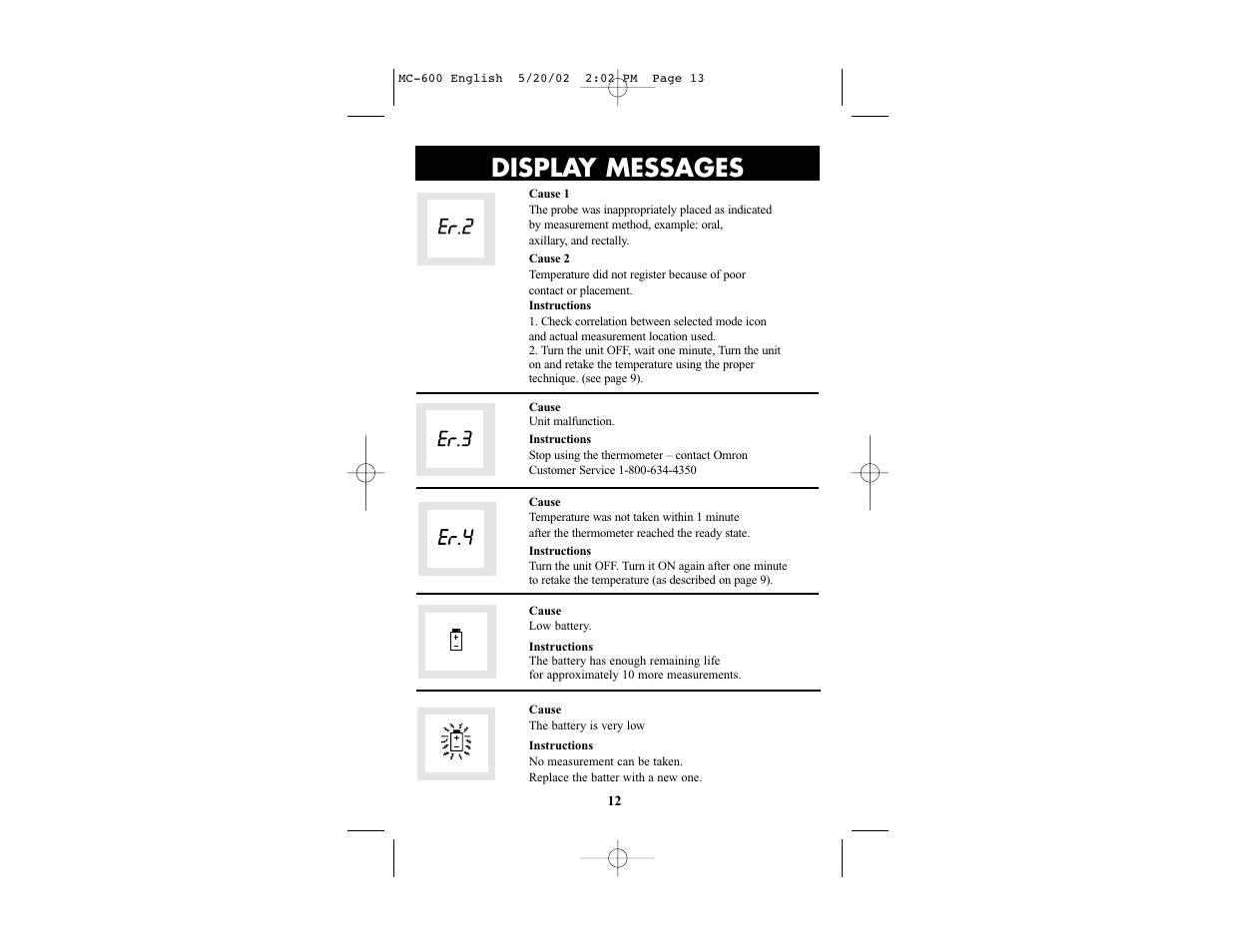 Display messages | Omron Healthcare MC-600 User Manual | Page 12 / 16