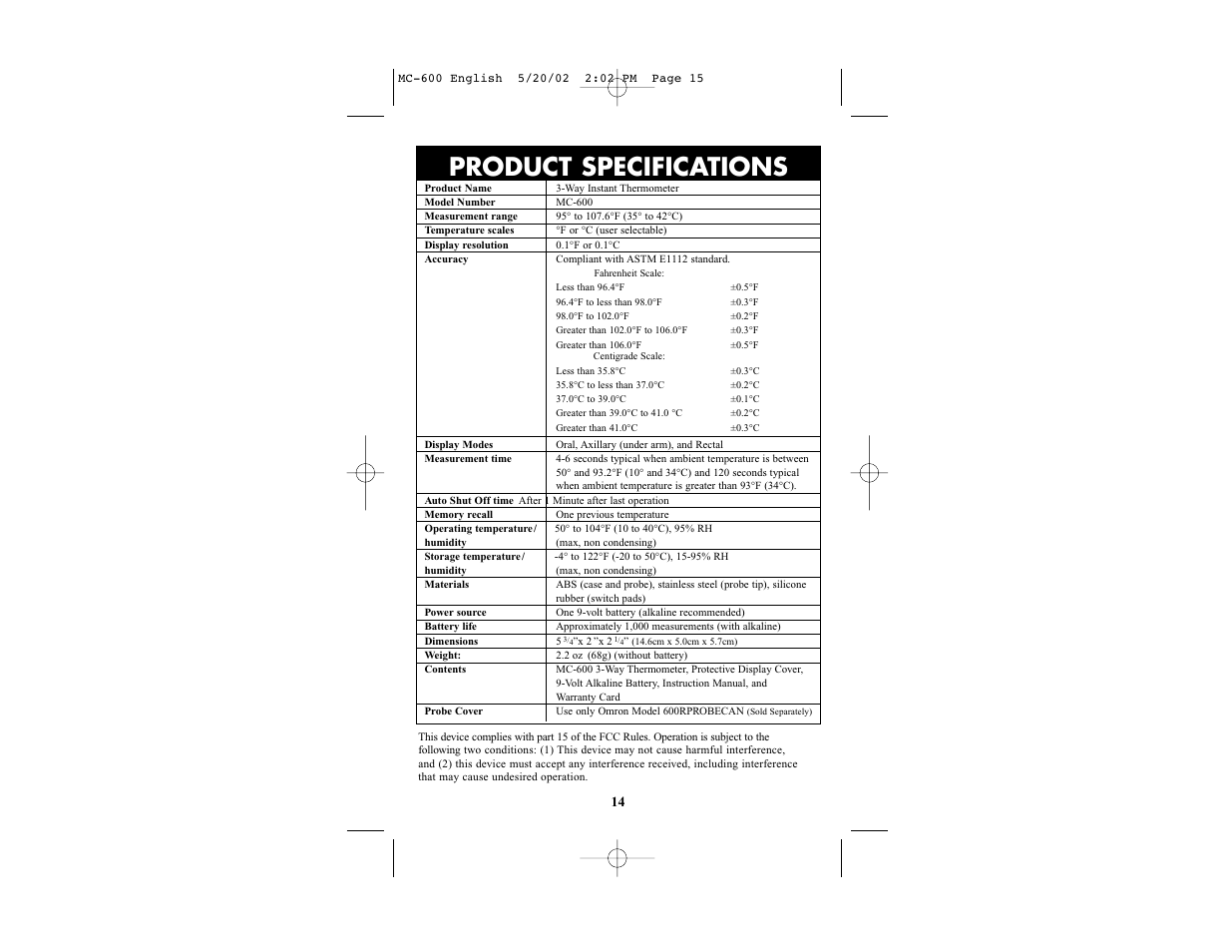 Product specifications | Omron Healthcare MC-600 User Manual | Page 14 / 16