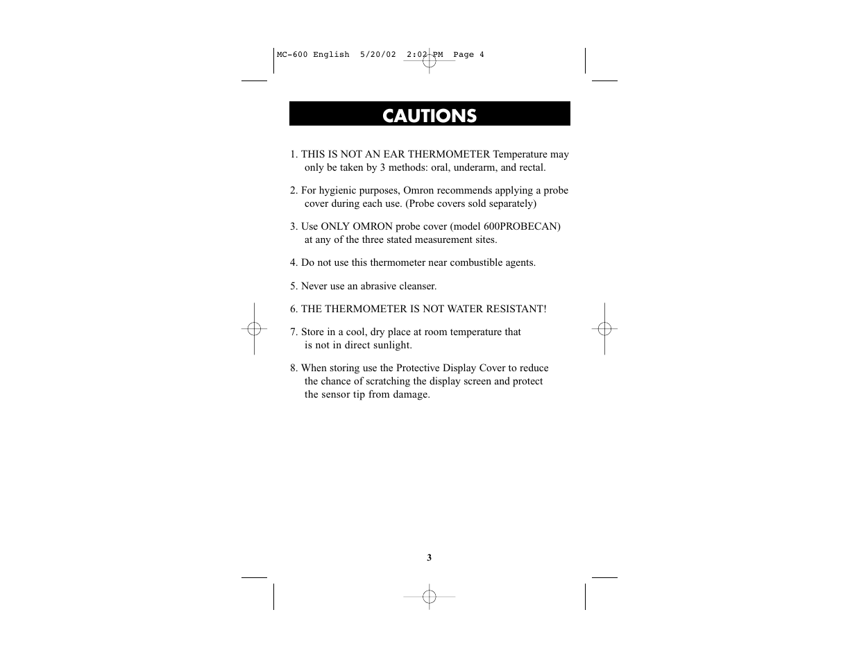 Cautions | Omron Healthcare MC-600 User Manual | Page 3 / 16
