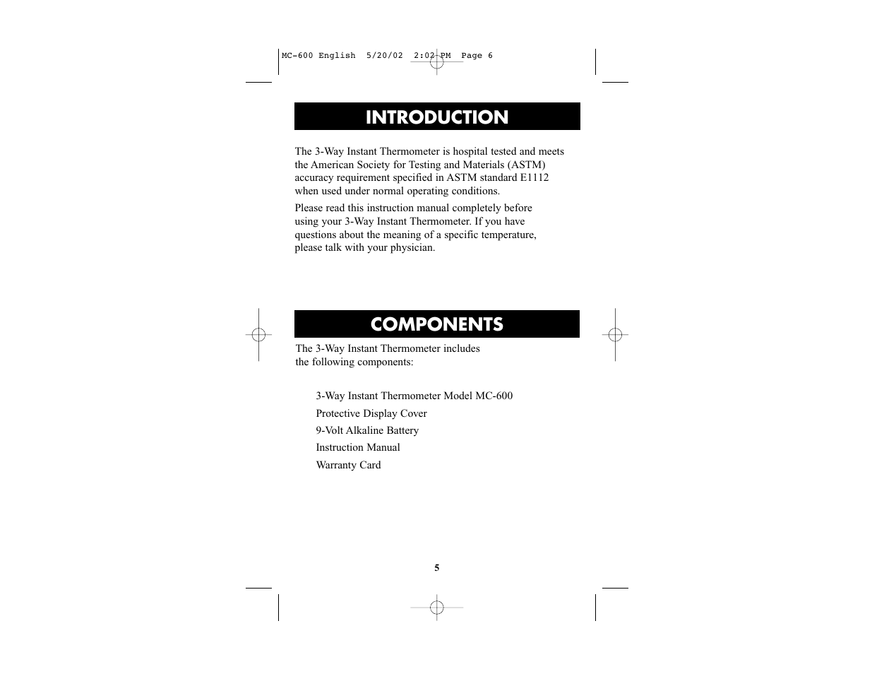 Introduction, Components | Omron Healthcare MC-600 User Manual | Page 5 / 16