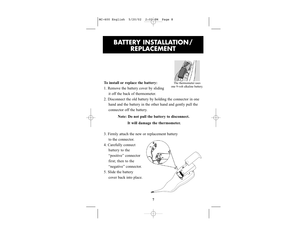 Battery installation/ replacement | Omron Healthcare MC-600 User Manual | Page 7 / 16