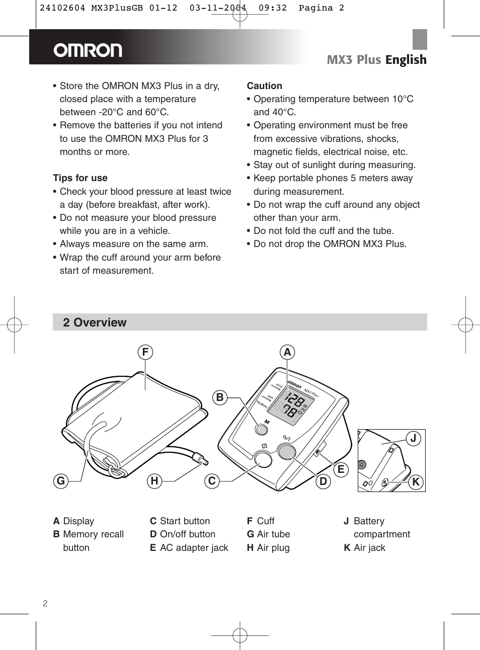 Mx3 plus english, 2 overview | Omron Healthcare OMRON MX3 Plus User Manual | Page 2 / 12