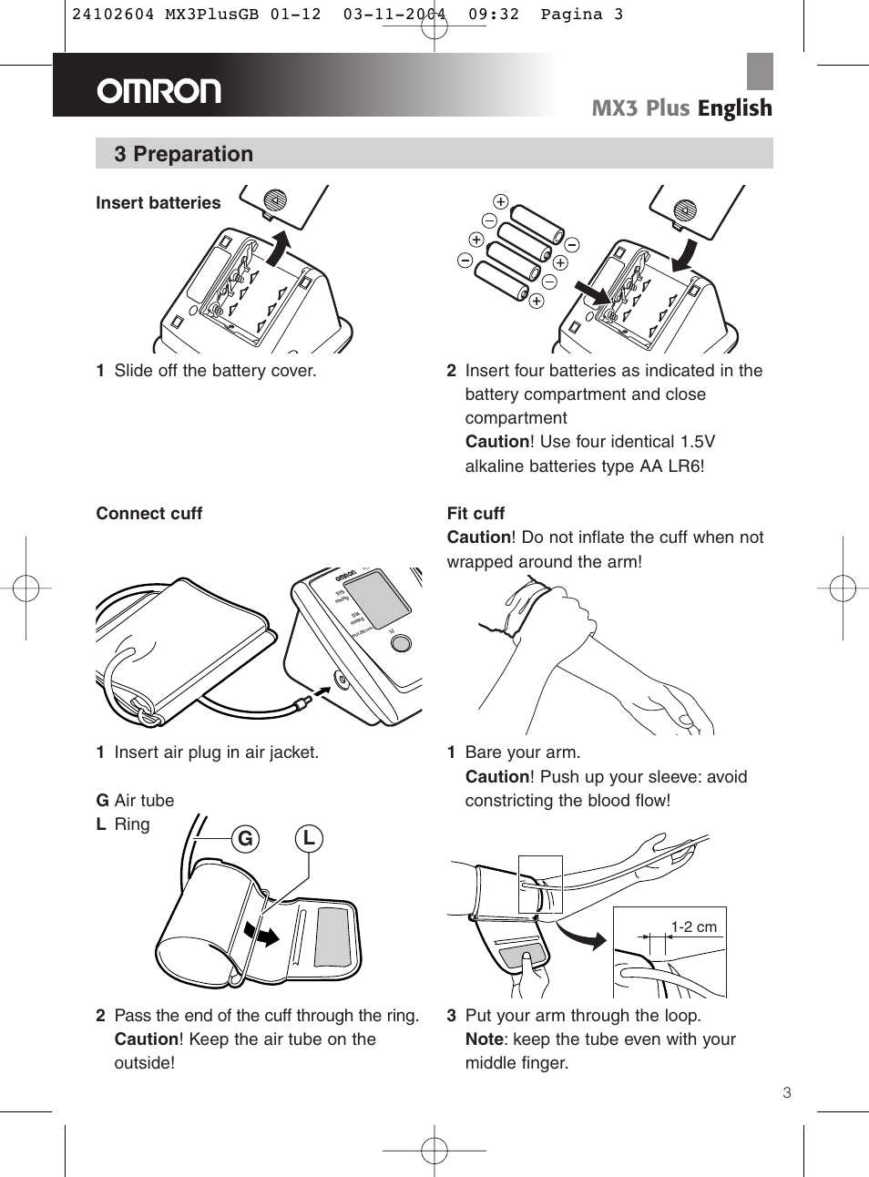 Mx3 plus english, 3 preparation, Connect cuff 1 insert air plug in air jacket | 2 cm | Omron Healthcare OMRON MX3 Plus User Manual | Page 3 / 12