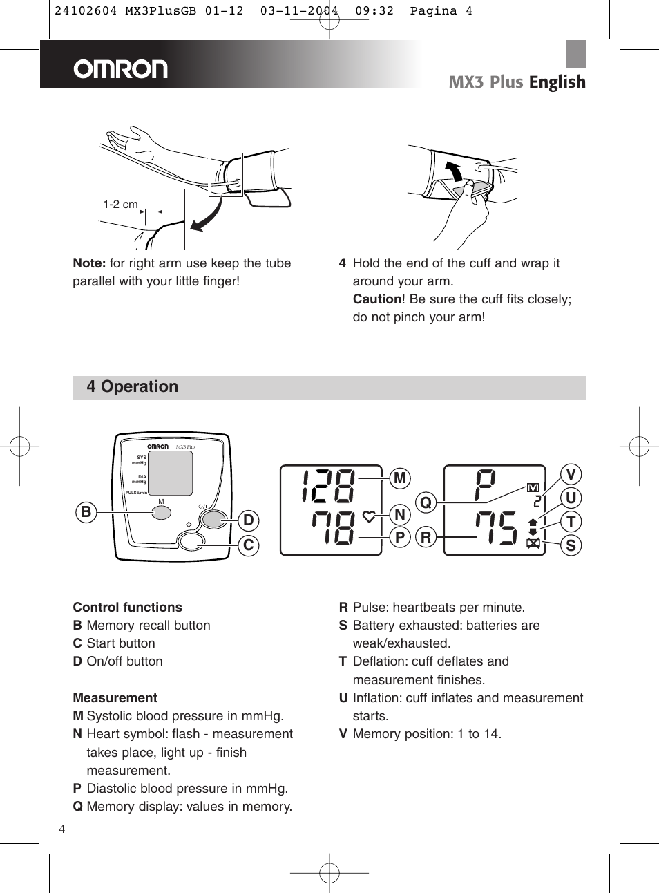 Mx3 plus english, 4 operation | Omron Healthcare OMRON MX3 Plus User Manual | Page 4 / 12