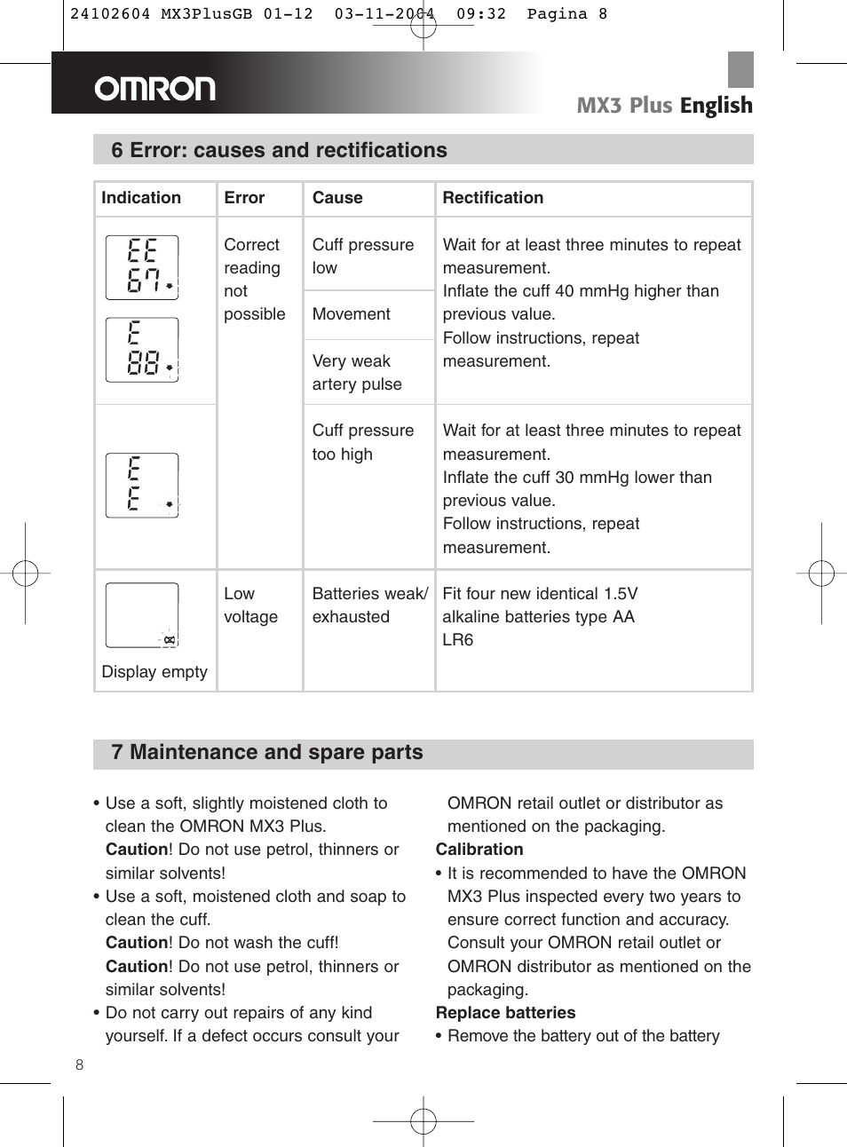 Mx3 plus english | Omron Healthcare OMRON MX3 Plus User Manual | Page 8 / 12