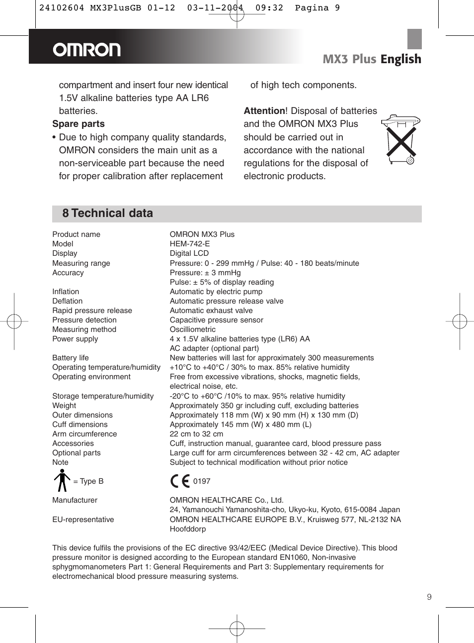 Mx3 plus english, 8 technical data | Omron Healthcare OMRON MX3 Plus User Manual | Page 9 / 12