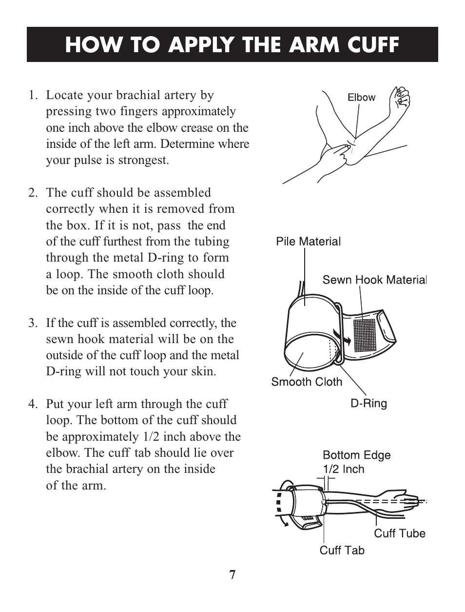 How to apply the arm cuff | Omron Healthcare HEM-412C User Manual | Page 7 / 16