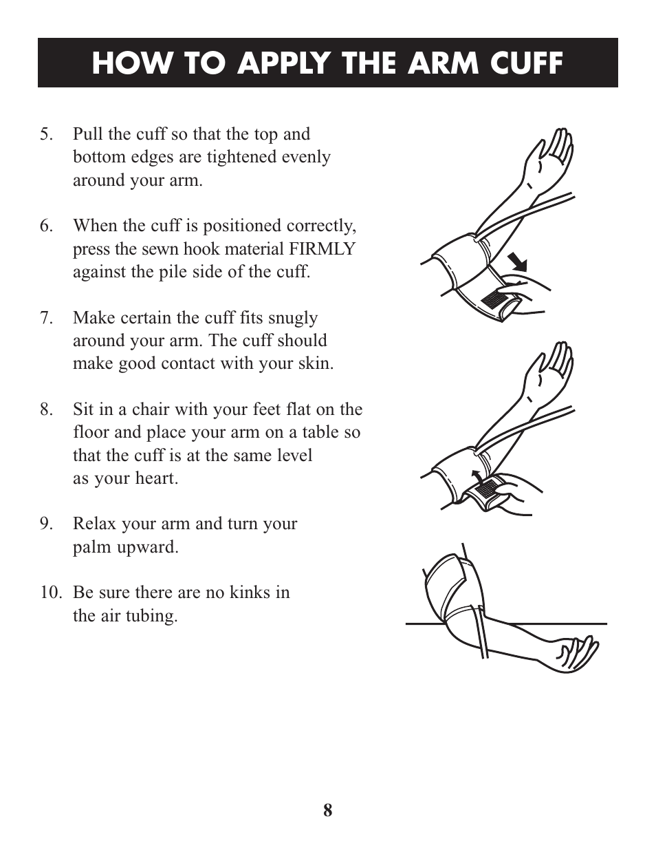 How to apply the arm cuff | Omron Healthcare HEM-412C User Manual | Page 8 / 16