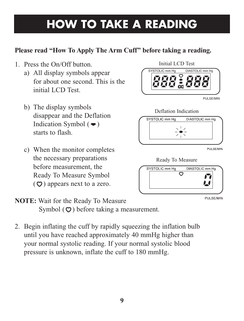 How to take a reading | Omron Healthcare HEM-412C User Manual | Page 9 / 16