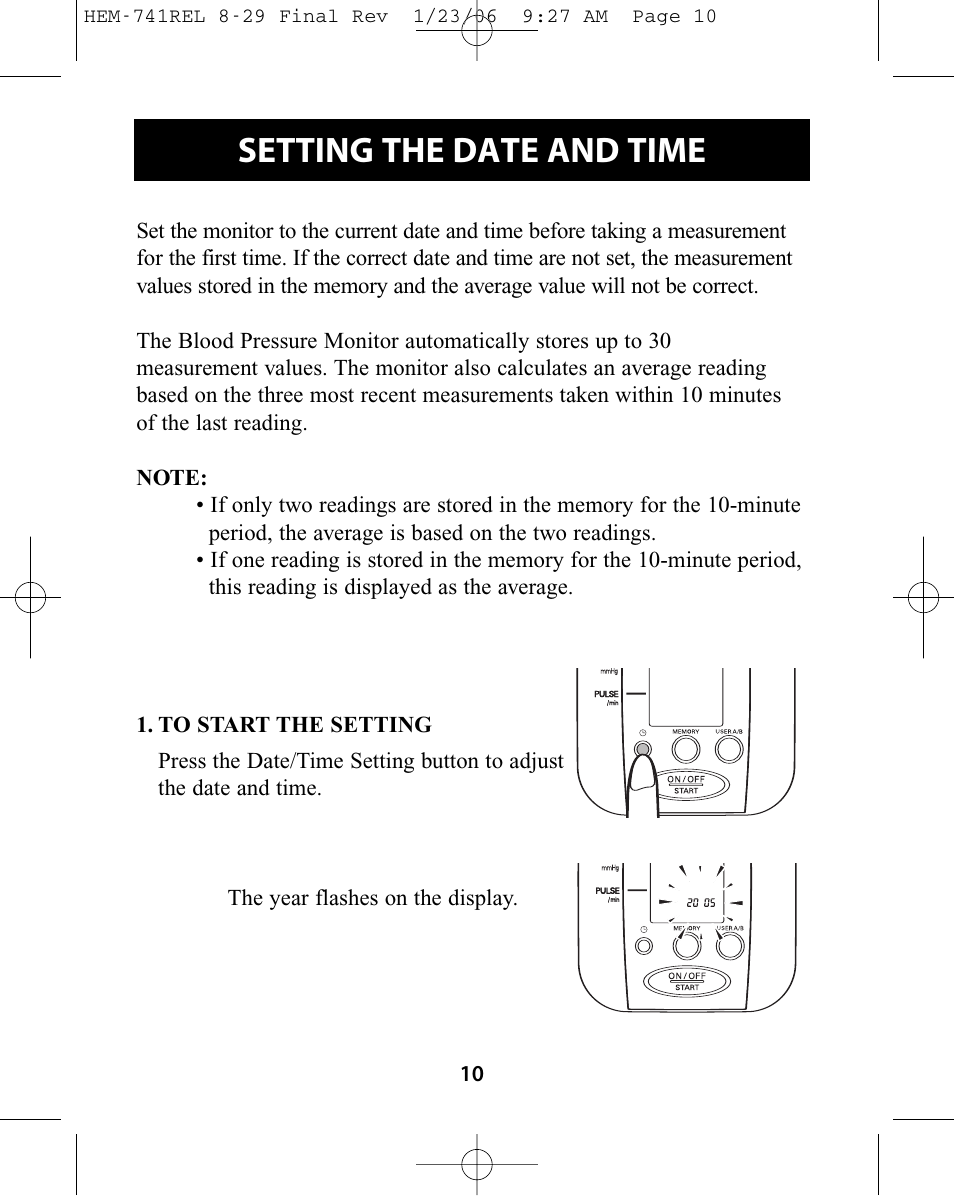 Setting the date and time | Omron Healthcare HEM-741CREL User Manual | Page 10 / 56