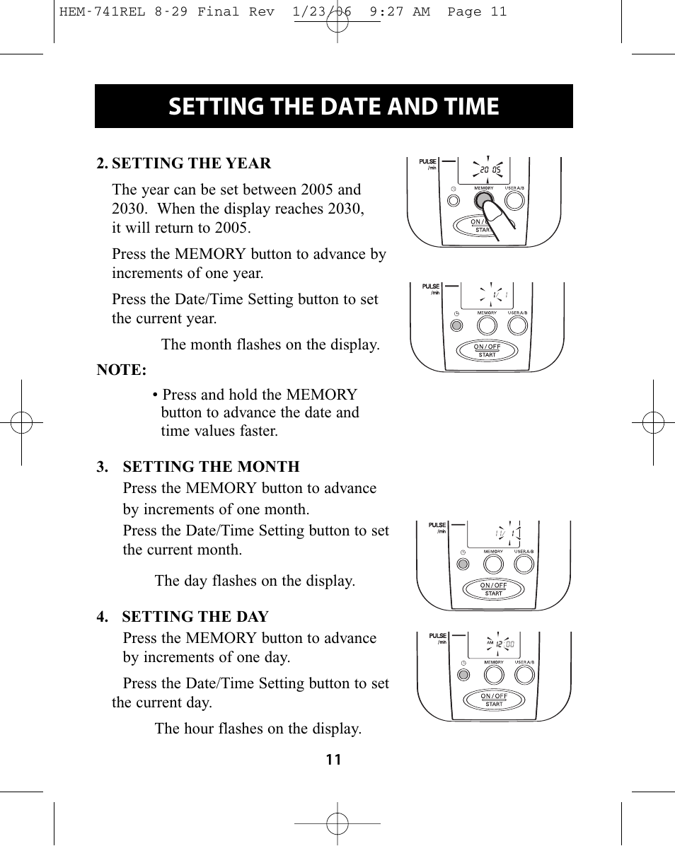 Setting the date and time | Omron Healthcare HEM-741CREL User Manual | Page 11 / 56