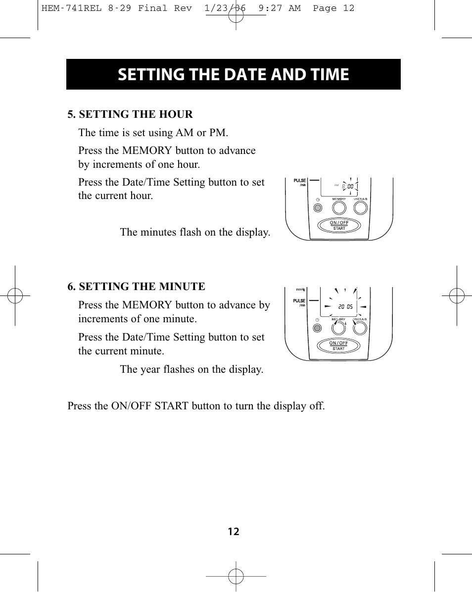 Setting the date and time | Omron Healthcare HEM-741CREL User Manual | Page 12 / 56