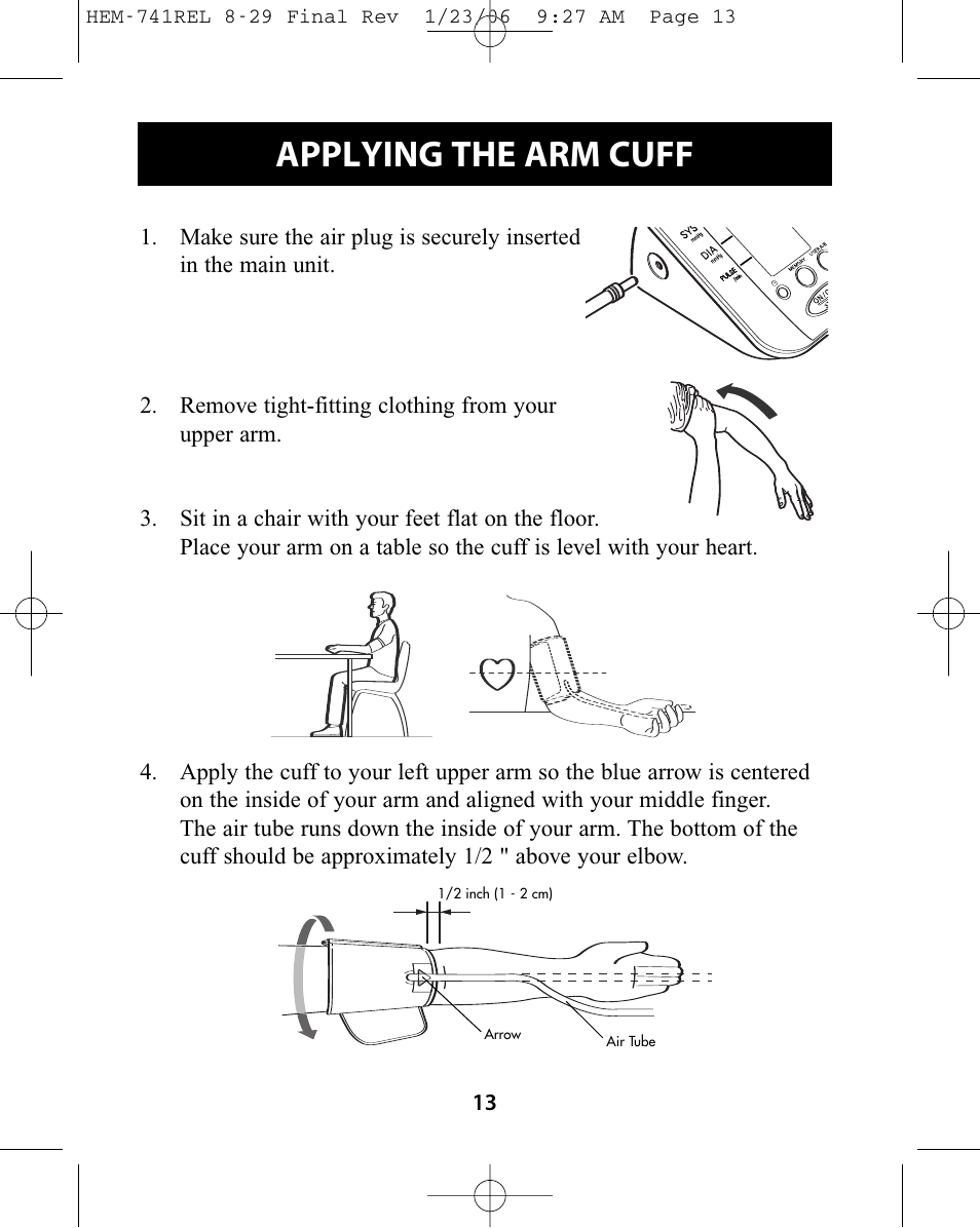 Applying the arm cuff | Omron Healthcare HEM-741CREL User Manual | Page 13 / 56