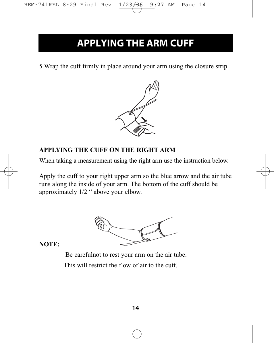 Applying the arm cuff | Omron Healthcare HEM-741CREL User Manual | Page 14 / 56