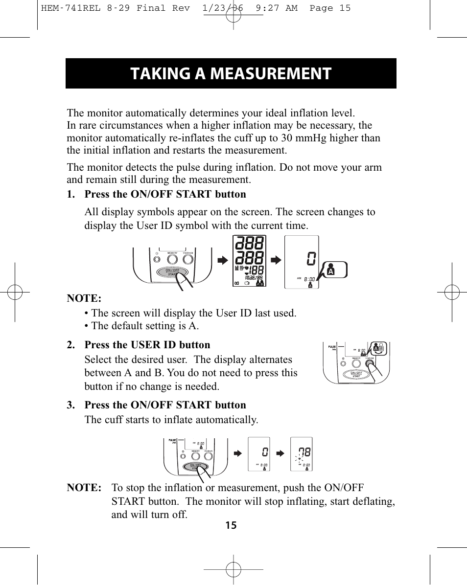 Taking a measurement | Omron Healthcare HEM-741CREL User Manual | Page 15 / 56