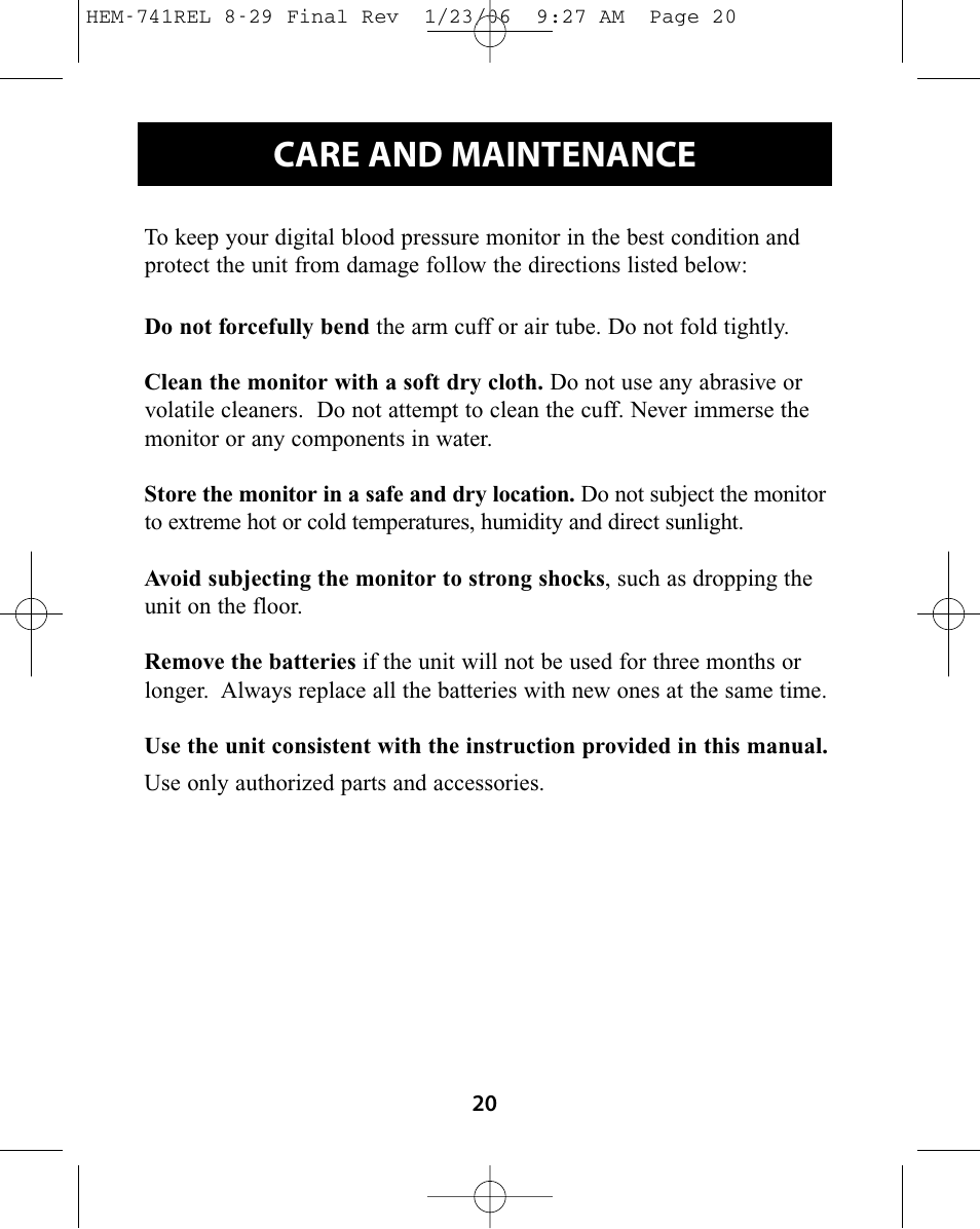 Care and maintenance | Omron Healthcare HEM-741CREL User Manual | Page 20 / 56